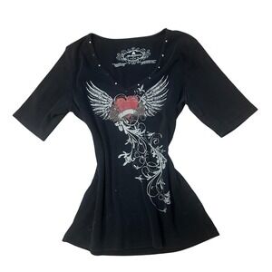 Y2K GreenSource Black Heart Wings Rhinestone V Neck T Shirt Women's Size XL